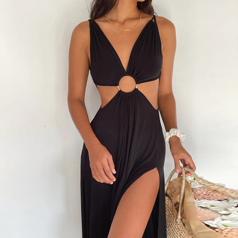 

Summer Dress Ladies 2023 Women Casual Long Neck Hollow Out Sexy Sling Split Backless Female Solid Rayon Sierra Surfer Sundress