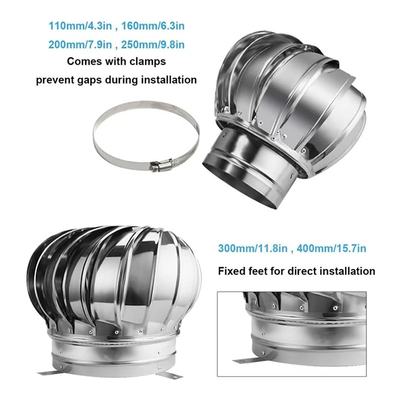 Roof Wind Stainless Steel Turbine Ventilator Vents Turbines Cap Vent Air Flow No Consumption Easy To Install