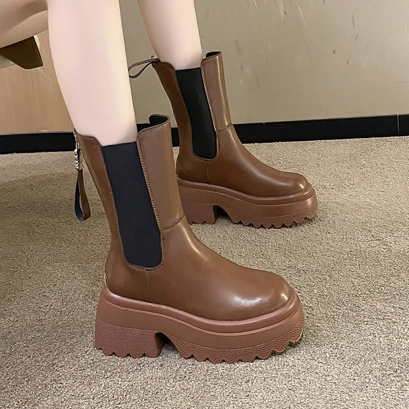 

2024Mid Calf Motorcycle Boots For Women Autumn Winter Leather Short Boots High Platform Heels Ladies Chunky Shoes Botas Mujer