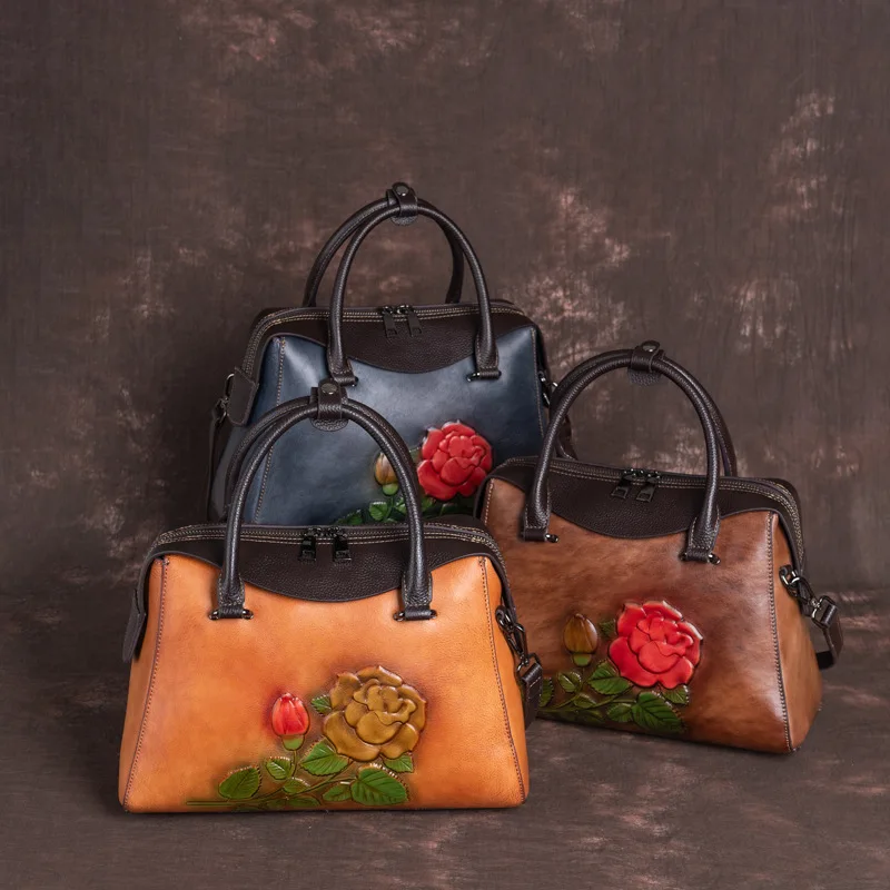 

Retro Women Bag 2023 Spring Shopping Genuine Leather Floral Luxury Handbag Ladies Cowhide Handmade Embossed Shoulder Bags Bolsa