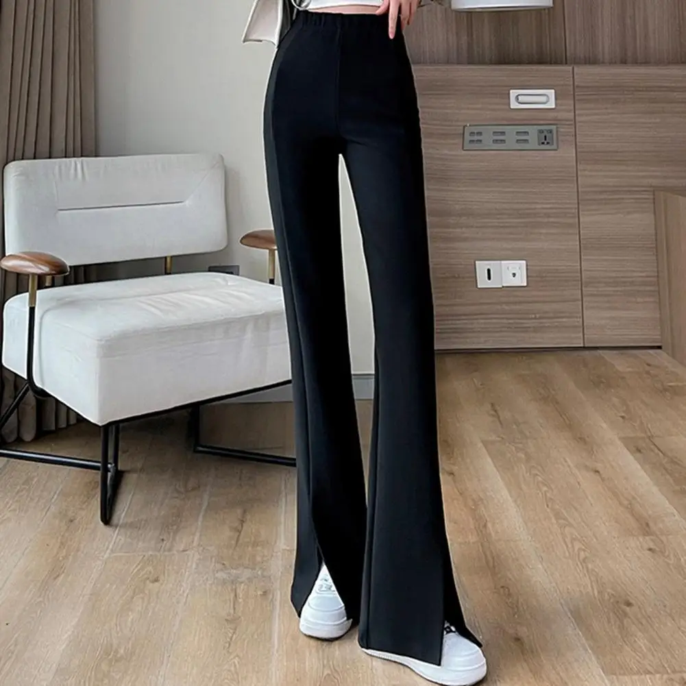 Women Pants Solid Color High Elastic Waist Straight Trousers Full Length Split Hem Lady Trousers Slim Fit OL Style Casual Pants