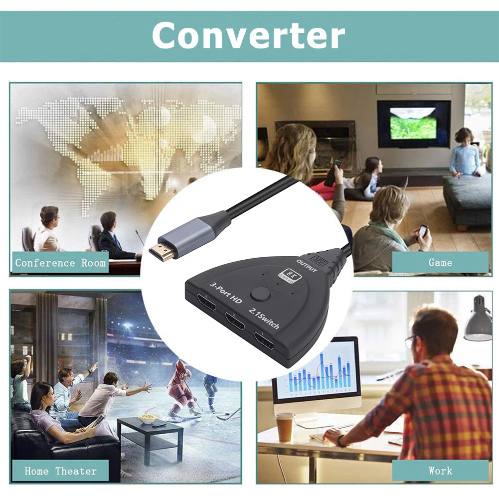 

3x1 кабель-разветвитель, 3 входа, 1 выход, сплиттер, адаптер, кабель HDMI-совместим с 8K, 60 Гц, 4K, 120 Гц, штекер-гнездо для ТВ-приставки, проектора