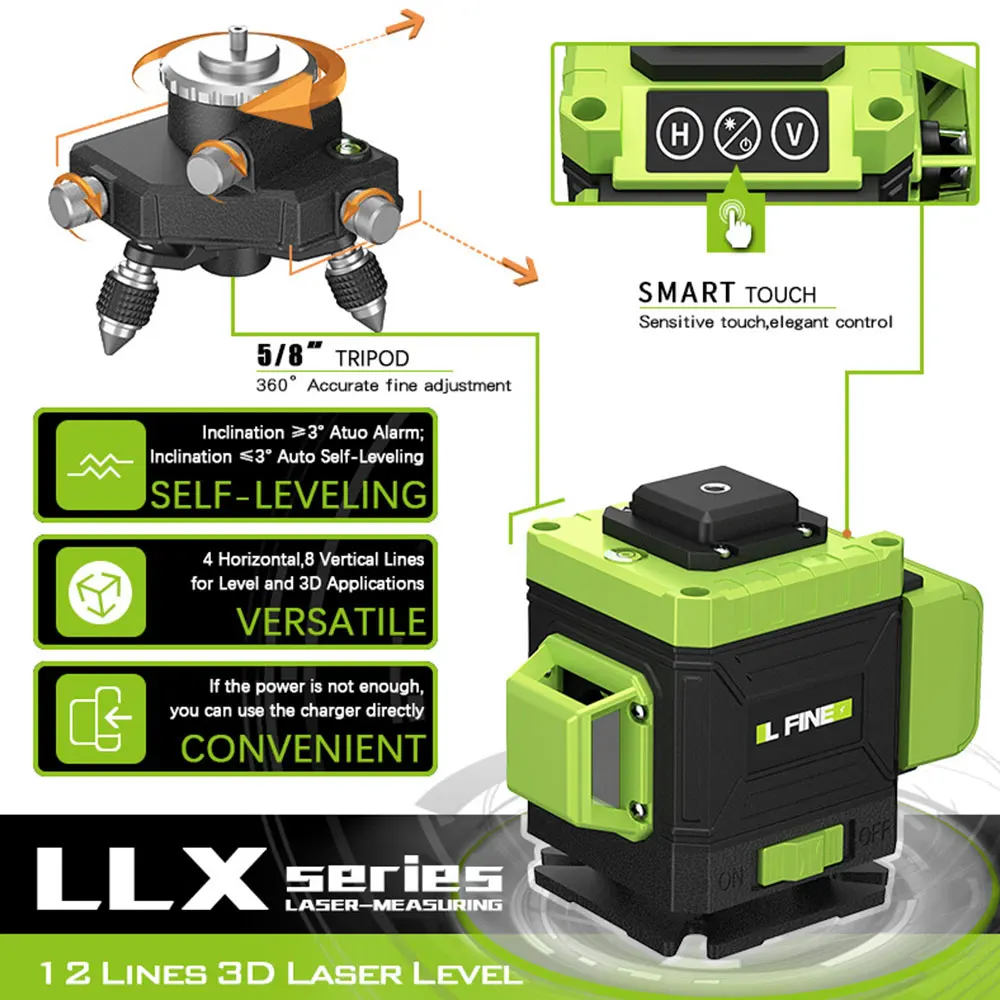 

4D Laser Level Tool L Fine 8/16/12 Lines Cross Green Laser Beam Line Distance Operating Horizontal Vertical Laser Level Tool