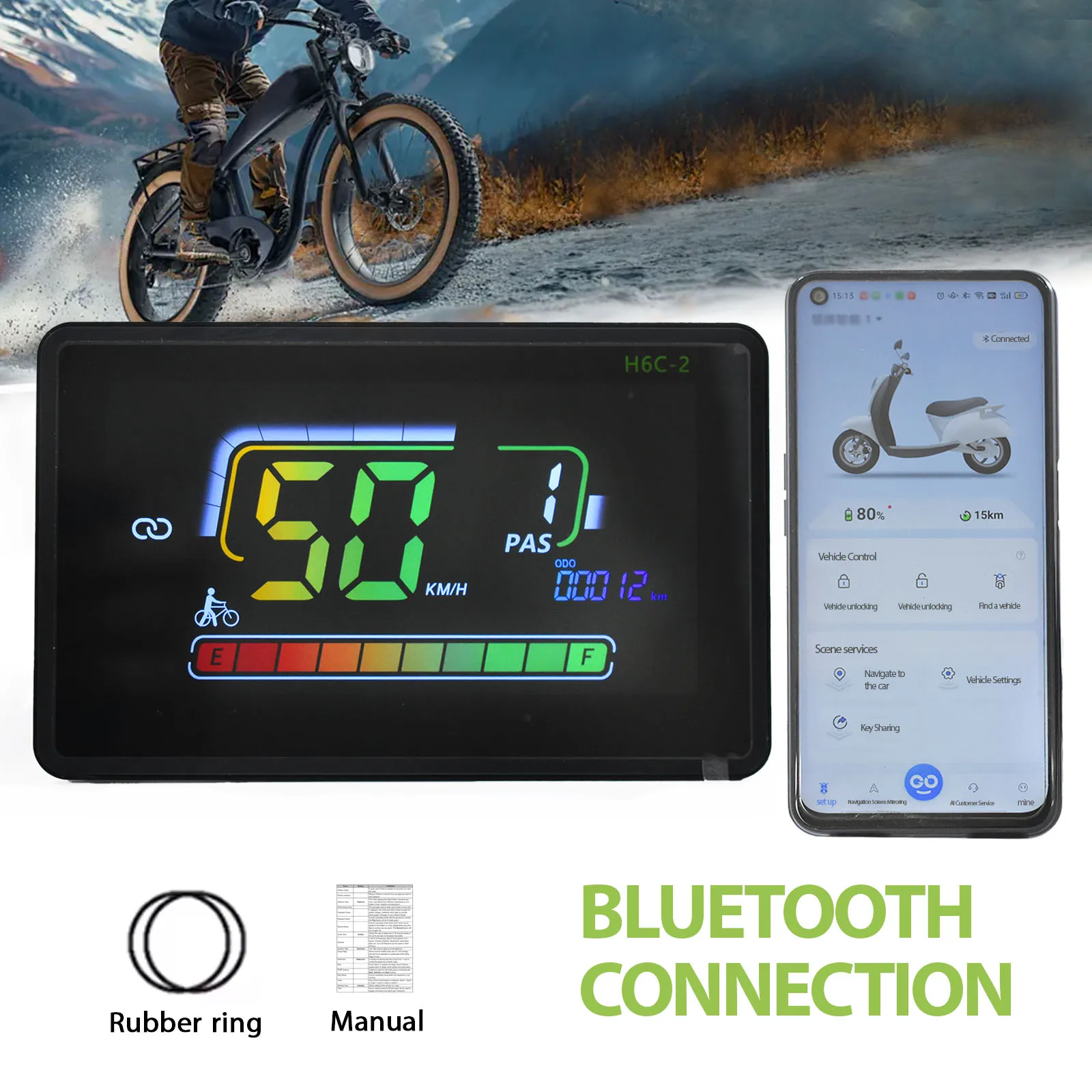 Фото H6C-2Bluetooth ЖК-дисплей для велоспорта, дисплей для электронного велосипеда, одометр Fatbike, водонепроницаемый горный велосипед, водонепроницаемые проводные аксессуары для велосипеда №1
