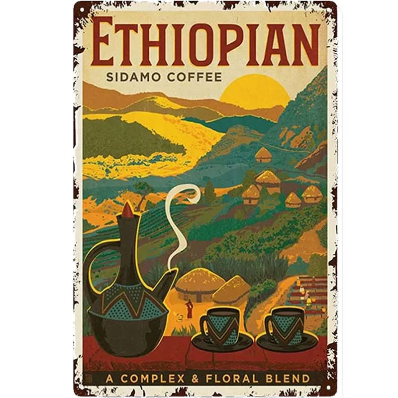 

Оловянный плакат с эфиопским изображением Сидамо для кофе, Ретро винтажный плакат с принтом эфиопского кофе, Постер для любителей кофе, дек...