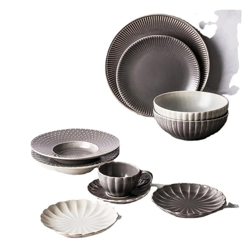 Japan Style Classic Grey Dinner Plates Home Tableware 10inch Dinnerware Sets Relief Decor Rice Bowl Fruit Plate Dishes