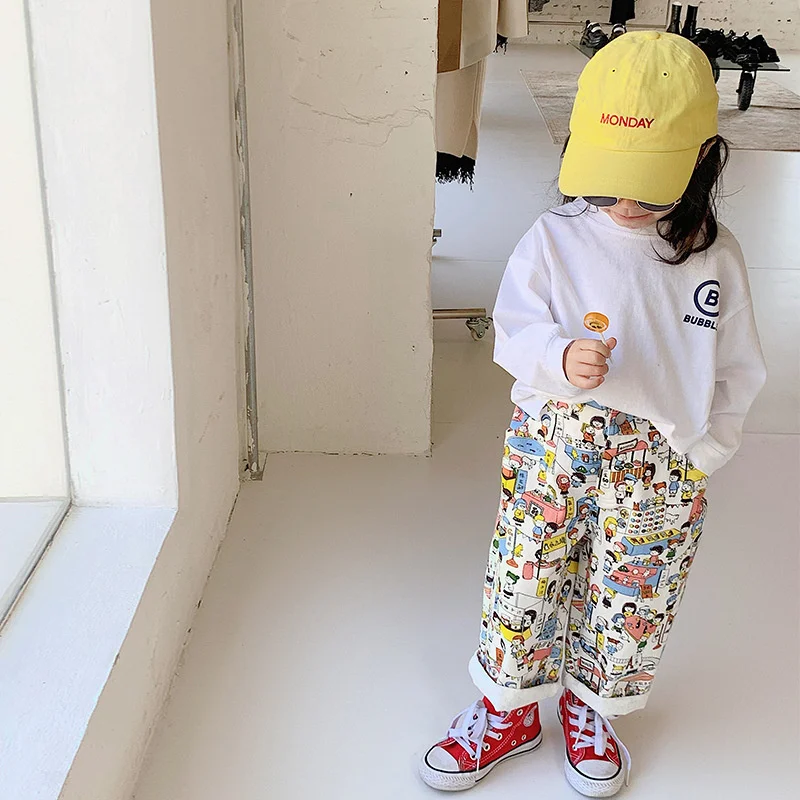 

Summer Cotton Christmas Outfit Teenagers Children Clothing Autumn Girls Leggings Kids Baby Cartoon Jean Pants Trousers Graffiti