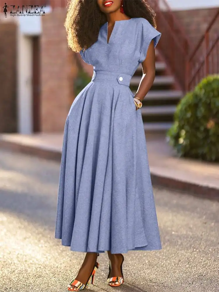

Summer Party Dress 2022 ZANZEA Women Elegant Solid Maxi Long Dress Vestido Casual Robe Femme Holiday A Line Sundress Oversized