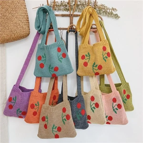 

Cute Cherry Children Small Handbag Knitted Woolen Baby Girl Shoulder Bag Winter Vintage Boy Kids Mini Coin Purse Messenger Bags