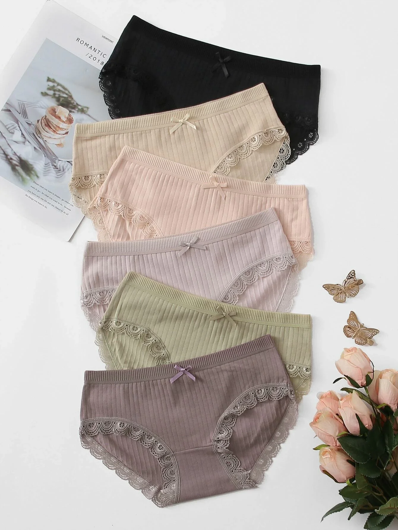 

6pack Rib Lace Trim Panty Set