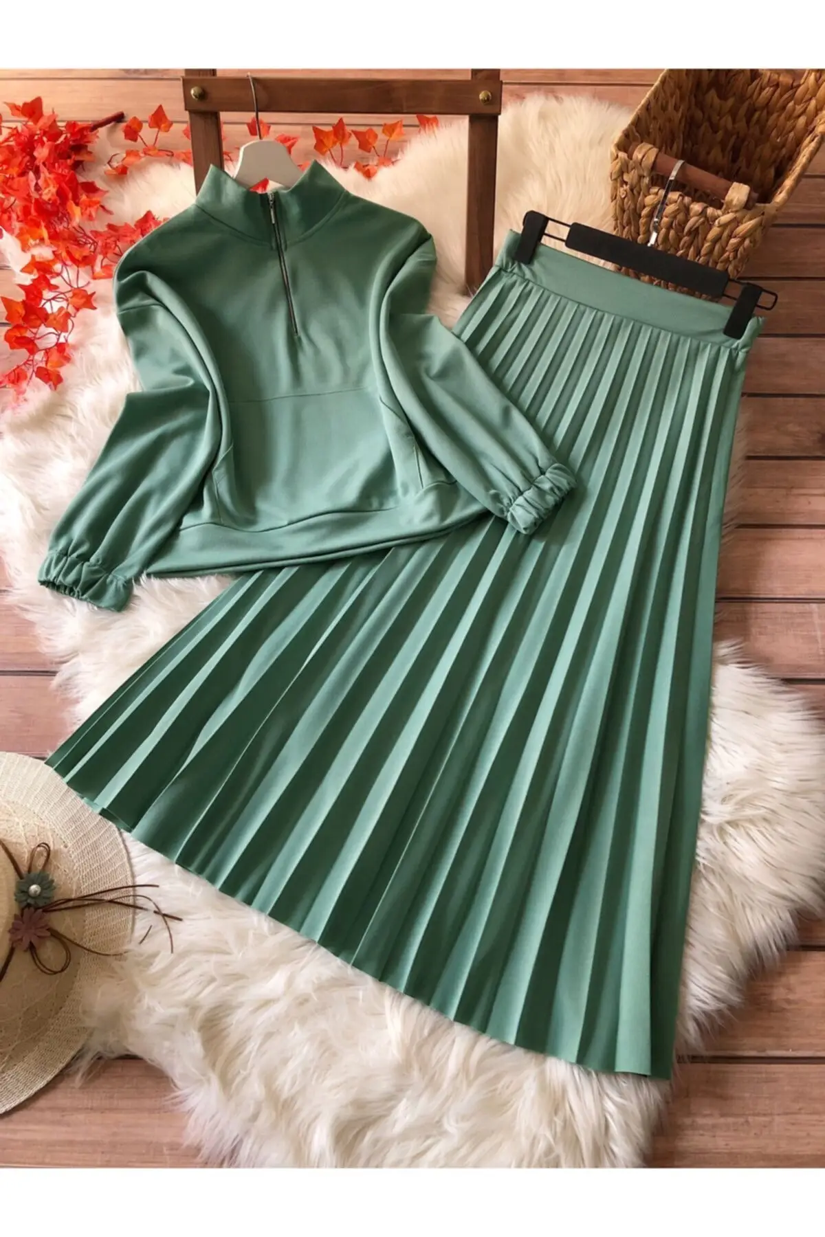 Pilise Skirted Zipper Suit Solid Color Polyester Trend Green Long Piliseli Crepe 2 Hijab Bottom-Top Suits Clothing