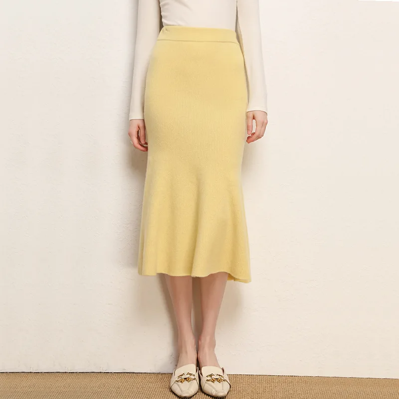 

Newest Quality Pure Color Wool Fishtail Skirts for Women Fashion Luxury Office OL New Half Skirt Slim Cashmere Knit A-line Skirt