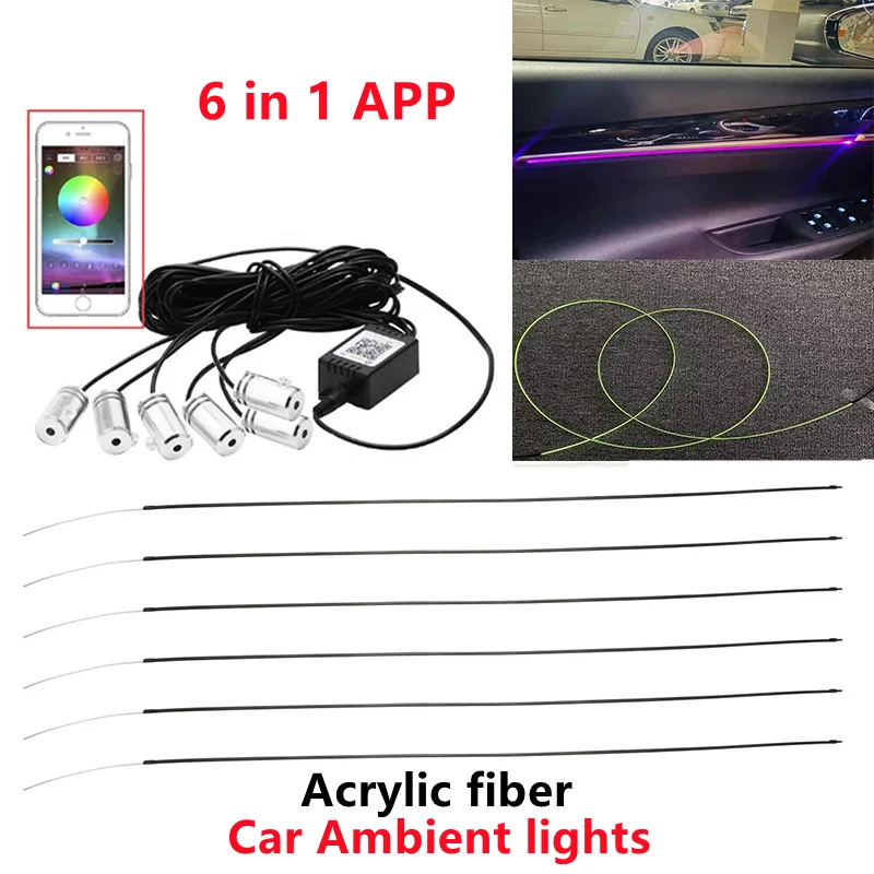 

6 in 1 RGB LED Car Interior Ambient Light Acrylic Fiber Optic Strip Light by App Control DIY Music 100CM Car atmosphere lights
