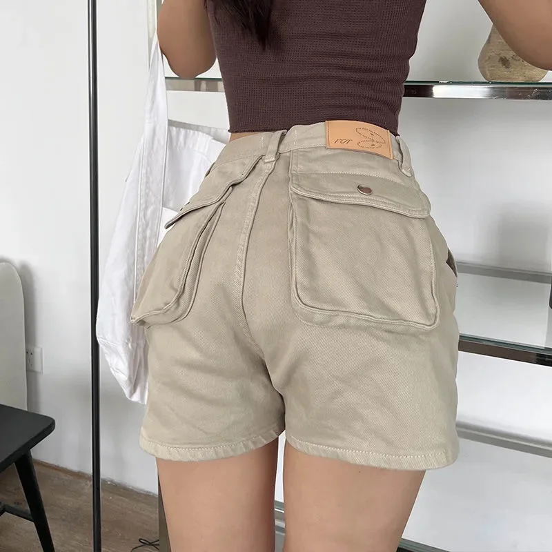 Summer High Waist Cargo Shorts Big Pockets American Sweet Loose Sexy All-match Solid Daily Short Pants