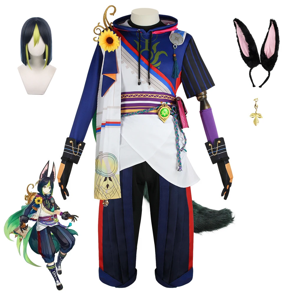 

Game Genshin Impact Tighnari Cosplay Costume Synthetic Short Green Mixed Wig Top Pants Ears Tail Role Clothing Party Uniform