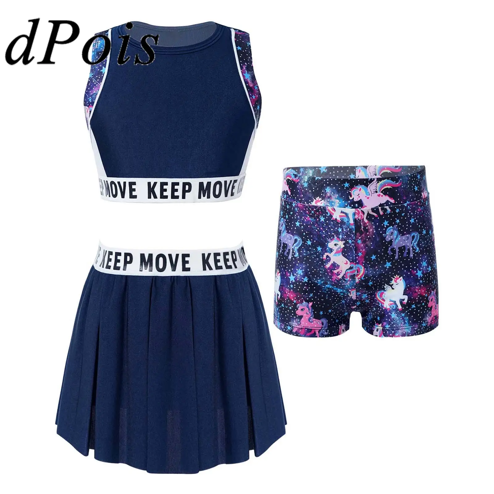 

Комплект для йоги, детский гимнастический костюм для девочек, тренировочный костюм с принтом, короткий топ, юбка, шорты, спортивная одежда д...