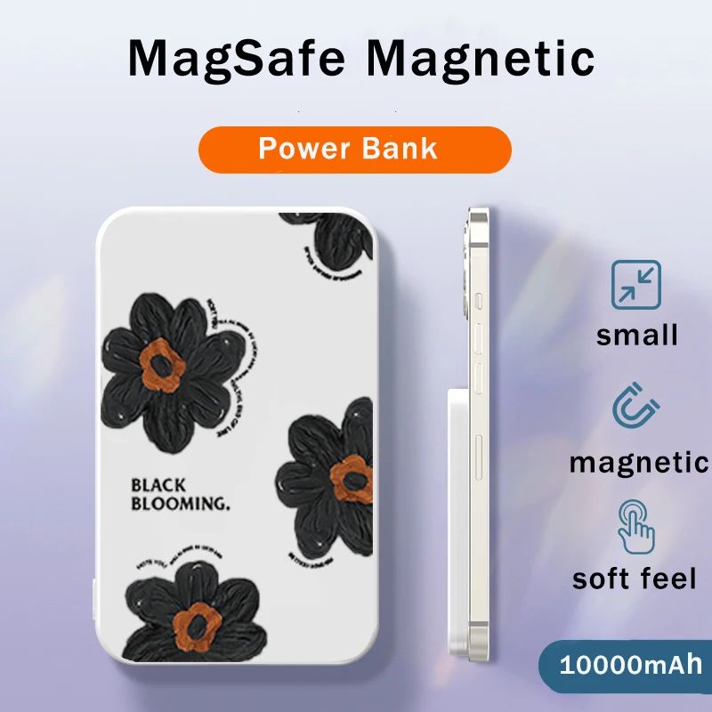 

Magnetic Power Bank10000 mAh 5000mAh Portable Chargers External Auxiliary Battery Fast Wireless Charging black flower cartoon