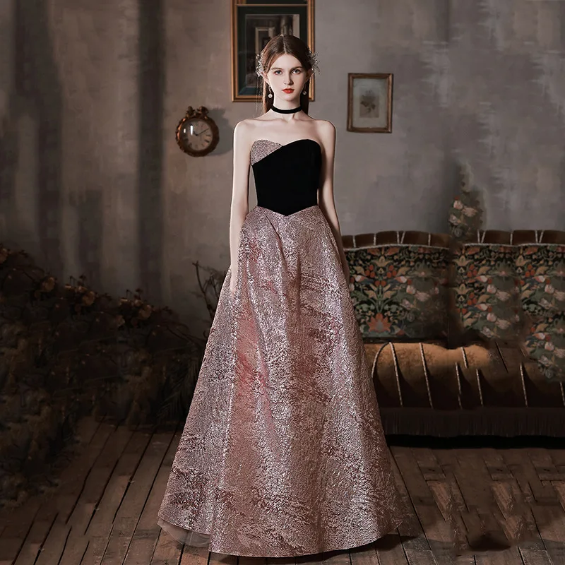 Pink Sweetheart Prom Dress Strapless Sweetheart A-Line Floor-Length Sequins Velvet Formal Party Wedding Celebrity Evening Gowns
