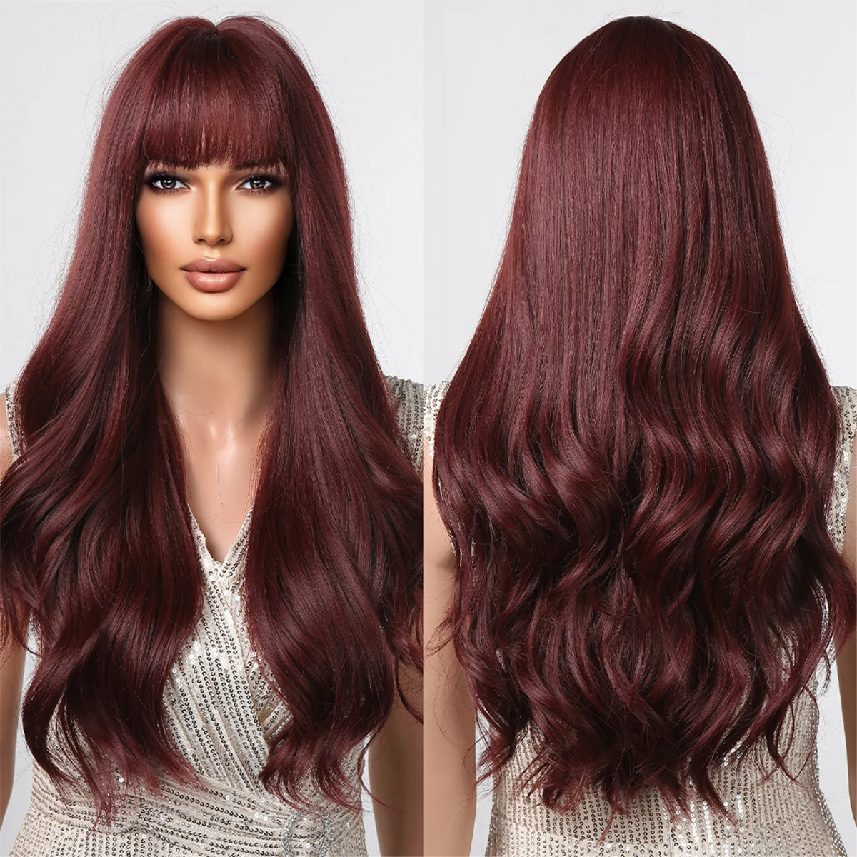 

Long Wine Red Brown Synthetic Wigs with Bangs Burgundy Natural Wavy Fake Hairs Wig for Women Daily Cosplay Party Heat Resistant