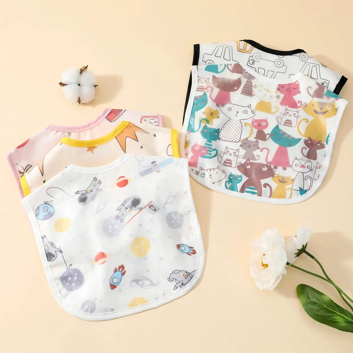 

hibobi Baby Cartoon Print Waterproof Bibs Infant Cotton Bib Newborn Scarf Solid Color Baby Boys Girls Feeding Saliva Towel