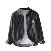 versatile men striped shirt cotton linen fabric japan style simple casual all match lapel long sleeve double pockets tops coat