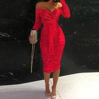 Sexy Dresses For Women Elegant Long Sleeve Bodycon Dress Women Autumn Off Shoulder Lace Up Red Party Dress Casual Clubwear