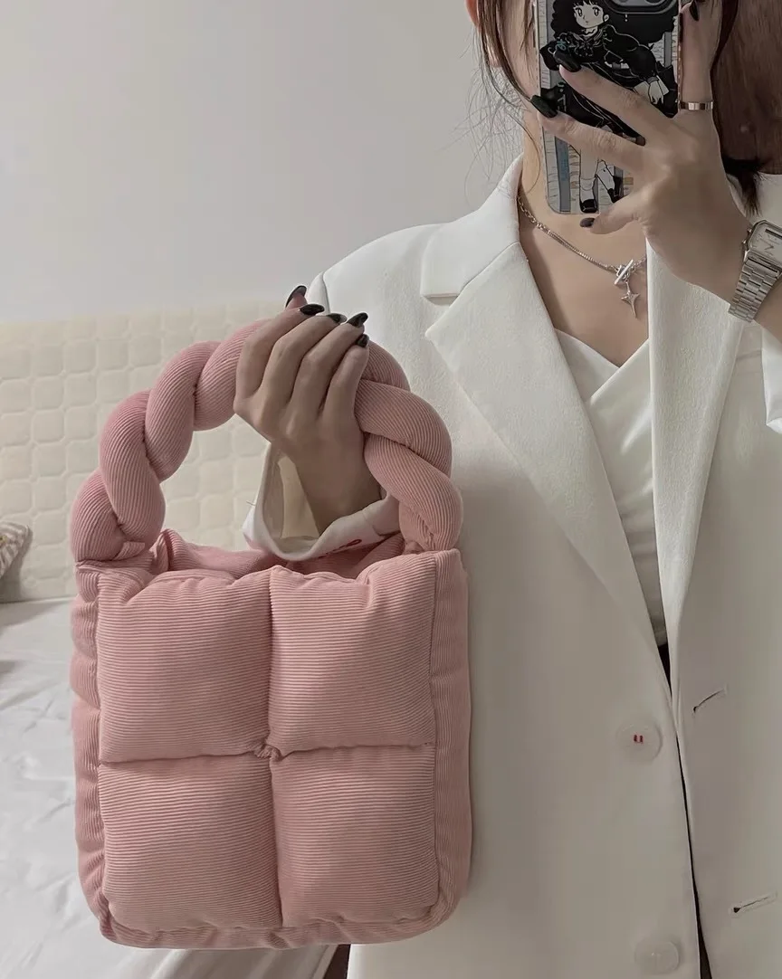 

Модная Вельветовая мягкая женская маленькая сумка-тоут, дизайнерская плетеная подушка с ручками, роскошная просторная Хлопковая Сумка чер...