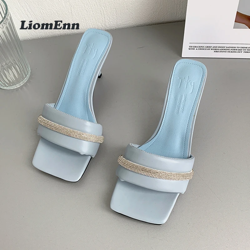 

Square Toe Thin Heels Women's Slippers Summer 2022 Elegant Lady Party Sandals Women Flip Flops Outdoor Casual Rhinestones Shoes