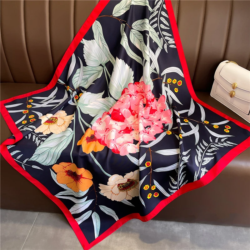 

Floral Print Twill Silk Scarf for Women Luxury 90cm Square Scarves Hijab Muslim Headband Spring Shawl Wraps Bandana Foulard 2022