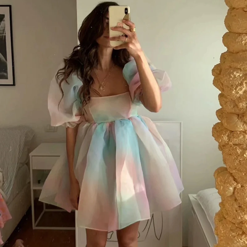 

OEING Tie-dyed Rainbow Organfashion Dress A-line Puff Sleeve Cute Summer Dress for Women 2021 Skater Short Dress Party Holiday