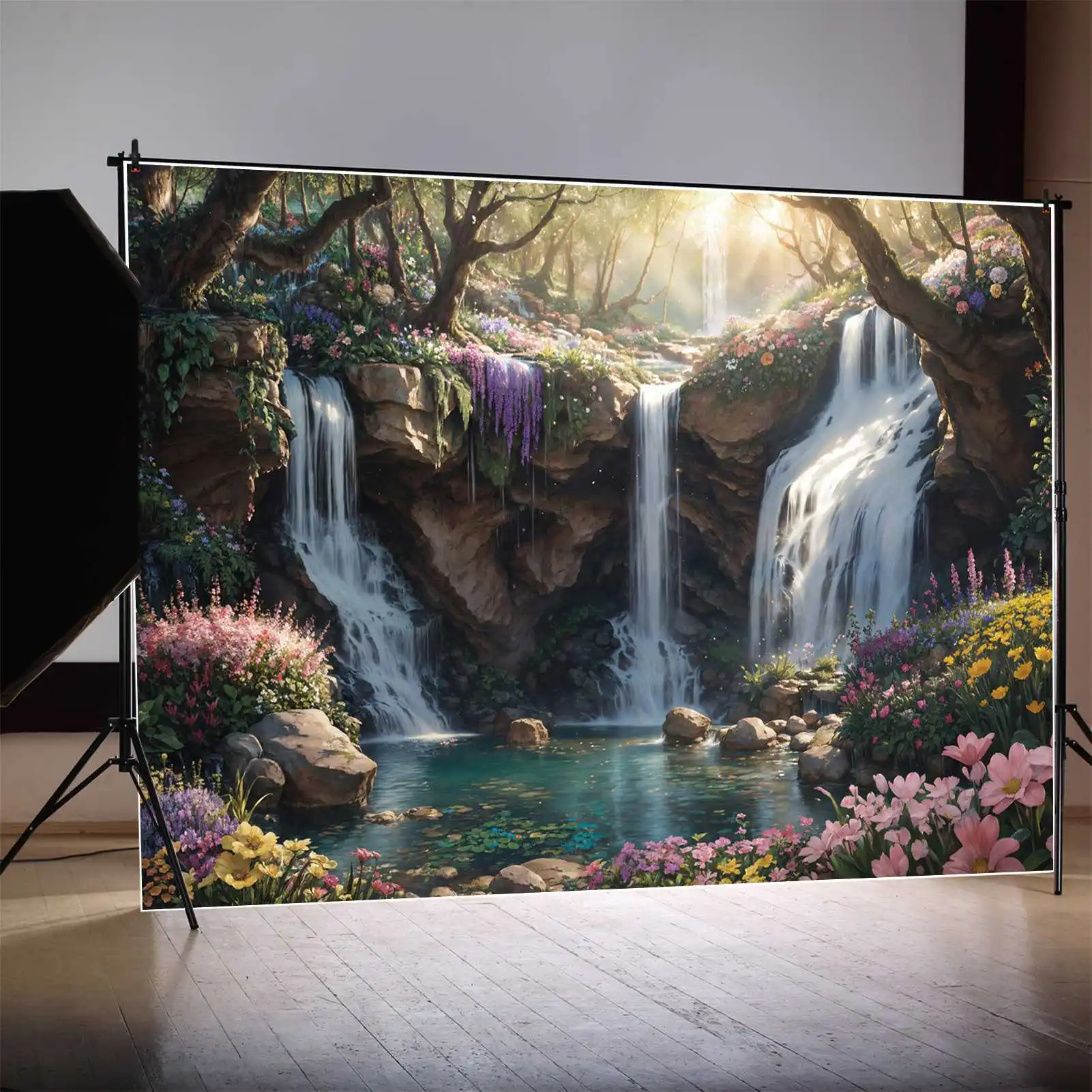 

Waterfall Party Photography Backdrops Spring Mountains Gold Sunshine Custom Children Photo Booth Photo Backgrounds