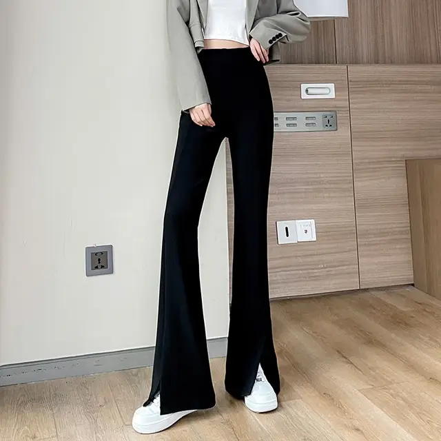 Модные черные корейские эластичные широкие брюки Y2k с высокой талией,женские повседневные облегающие брюки-клеш в уличном стиле, весна-осень2023
