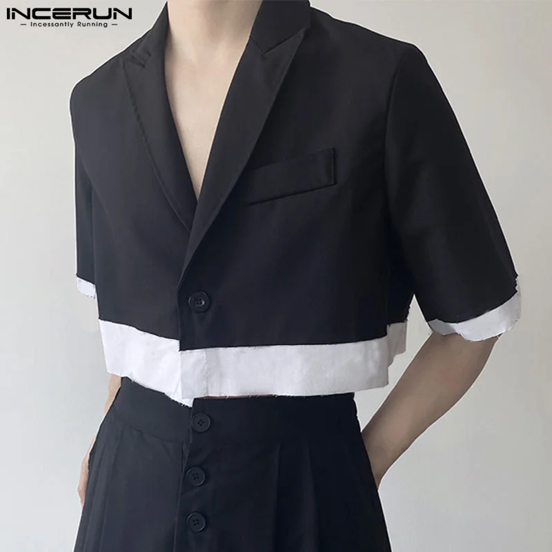 

INCERUN Men Blazer Patchwork Lapel Short Sleeve One Button Casual Suits Men Streetwear Korean 2023 Fashion Thin Crop Coats S-5XL