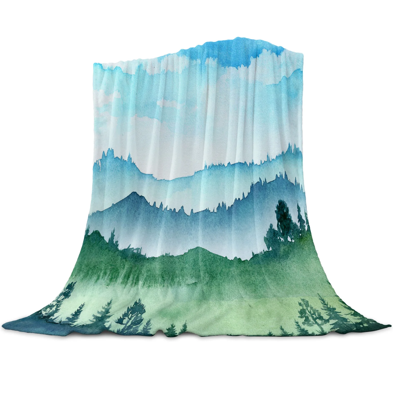 

Green Woodland Landscape Watercolor Blanket Mat Coral Fleece Throw for Bed Home Bedroom Sheet Kids Aldult Flannel Blankets