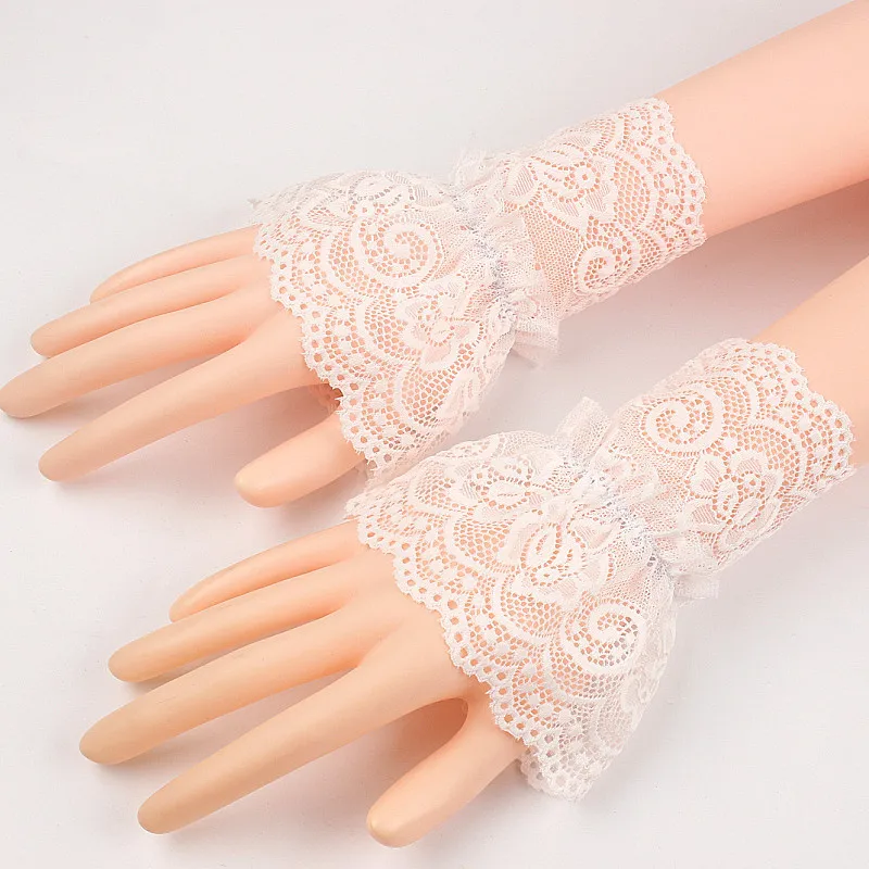 

Vintage Womens Pleated Ruffles Decorated Horn Cuffs Hollow Out Embroidery Floral Lace Fake Sleeves Elastic Double Layer