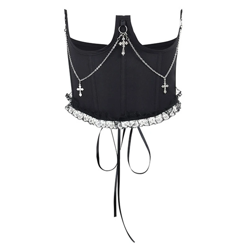 

Sexy Women Top Corset with Adjustable Belt Woman Black Lift Up Masquerade Party Crop Top Dangle Chain Slim Wrap Drop Shipping