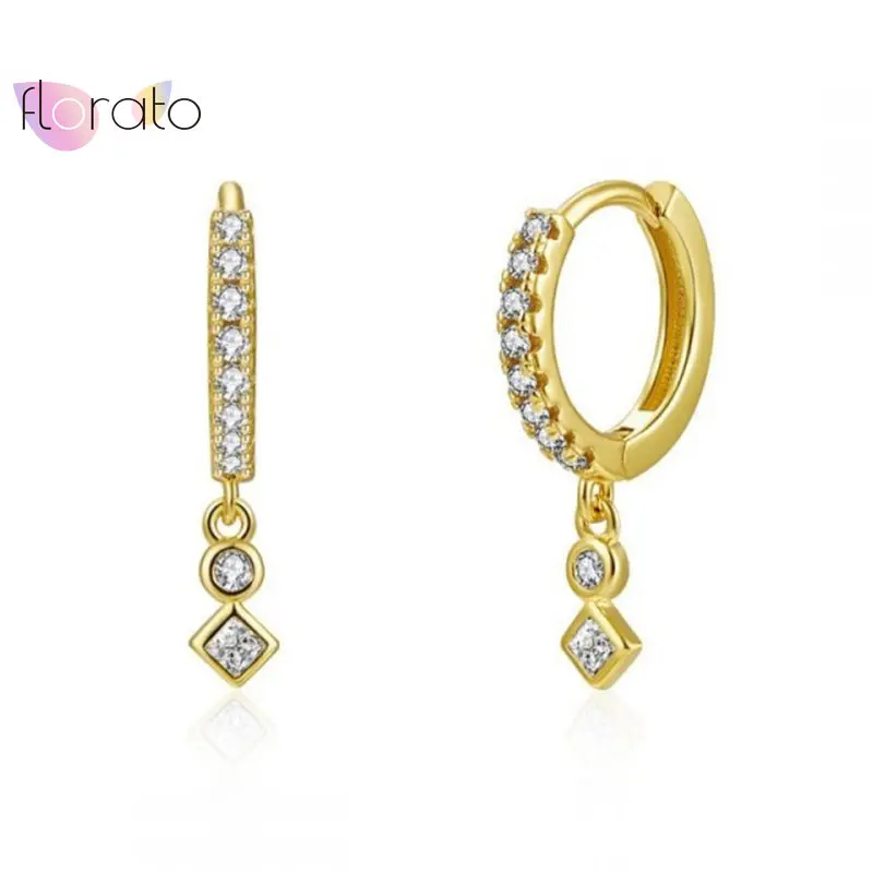 

925 Sterling Silver Geometric Rhombus Pendant Hoop Earrings for Women Pave Crystal CZ Unique Earring Rock Punk Fashion Jewelry