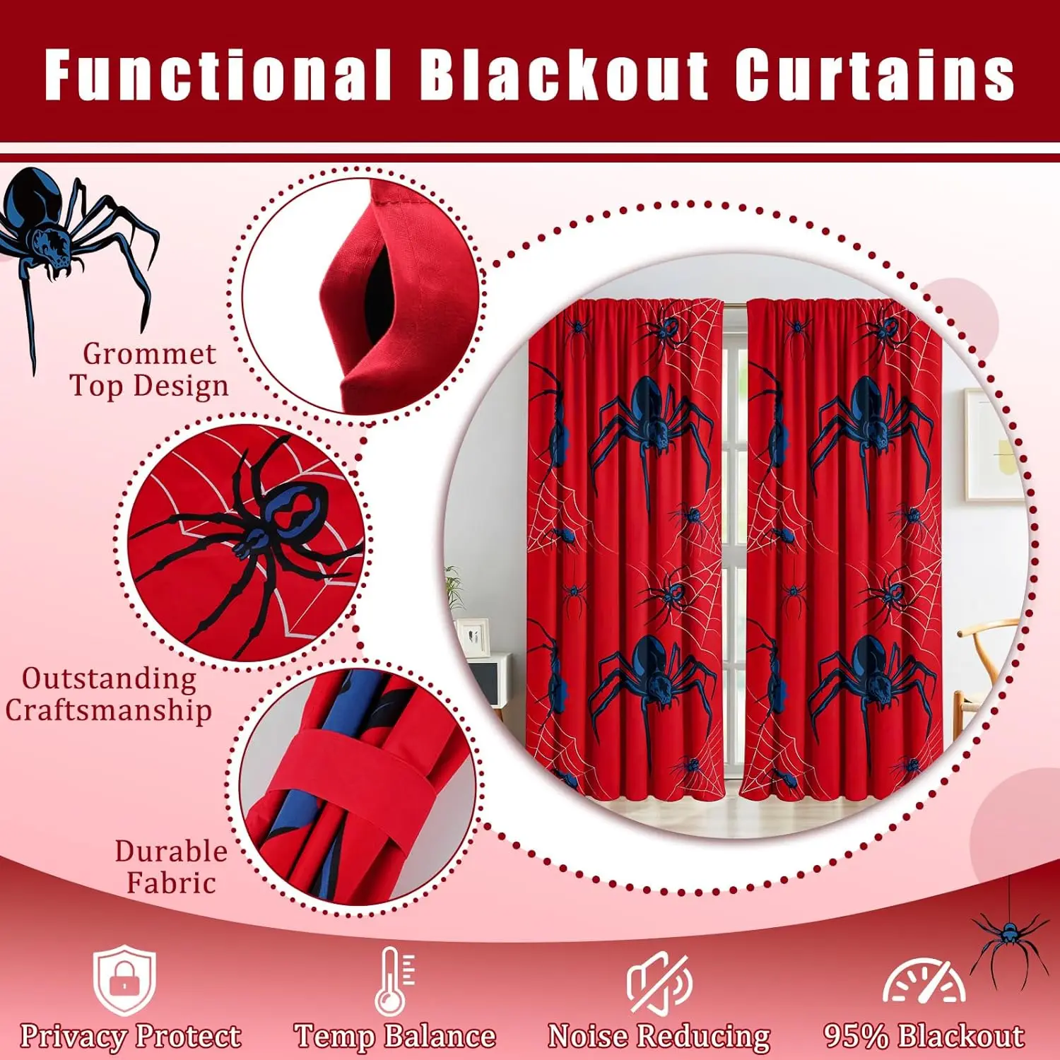 Фото Полотно-штора Peryiter Spider с 2 подхватами, декор для спальни, 42 x 84 дюйма, термоизолирующие оконные шторы №4