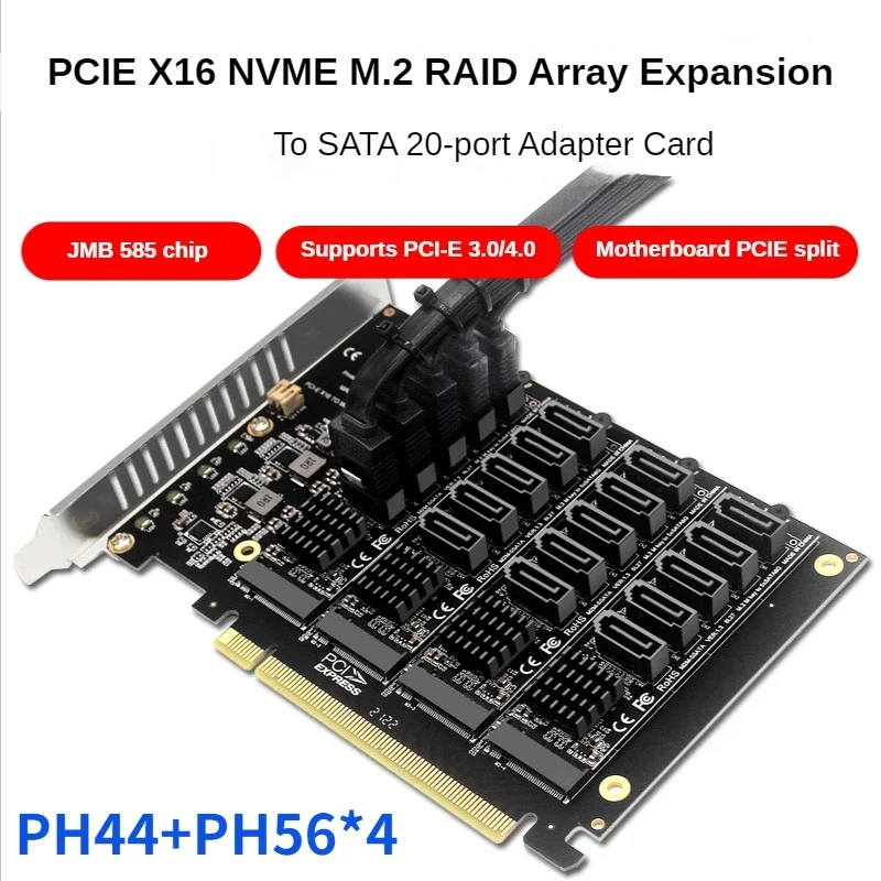 JMB585 PCI-E X16 Карта сигнала с разделенным массивом M.2 NVME 4 x карты RAID расширения PCIe 16x к