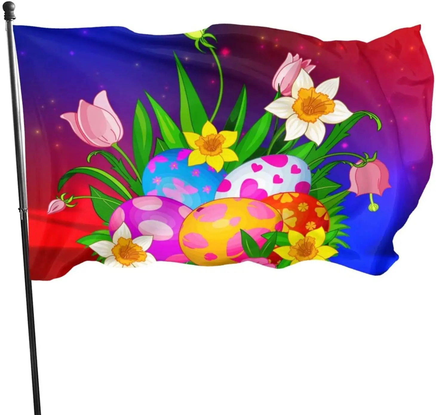

Happy Easter Flowers Egg Flag 3x5 Ft Large Sewn Polyester Banner Outside Hanging Standard Flag for Yard Garden Lawn Holiday