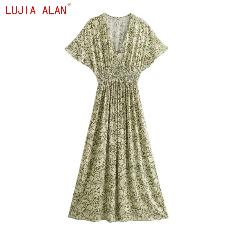 

Autumn New Women's Batwing Sleeve Flower Printed Midi Dress Female Casual V-neck Elastic Waist Vestidos LUJIA ALAN WD3213