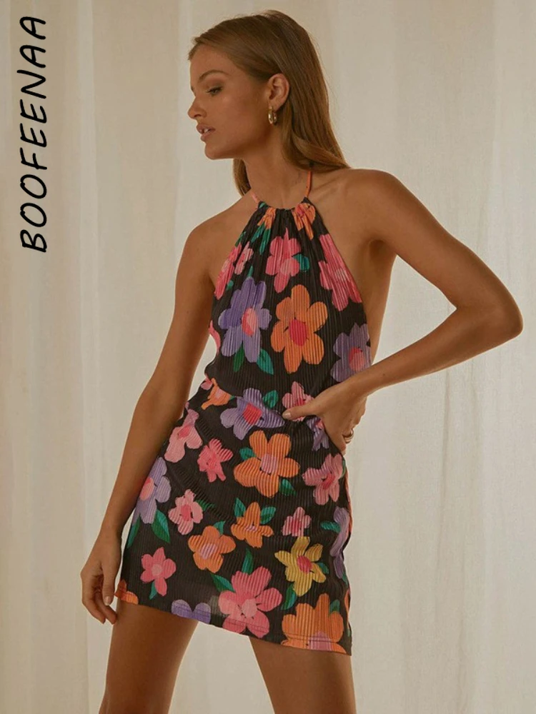 

Платье BOOFEENAA женское Плиссированное с открытой спиной, мини-платье с лямкой на шее, пикантная пляжная одежда для отпуска, Летнее цветочное п...