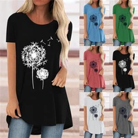 new t shirt fashion 2022 plus size shirt dandelion print casual loose mid length round neck pullover short sleeve top women