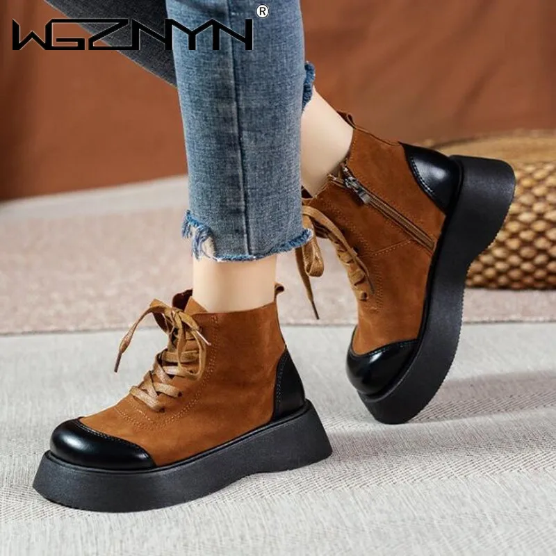 

Женские ботильоны из натуральной кожи, с круглым носком, на толстой платформе