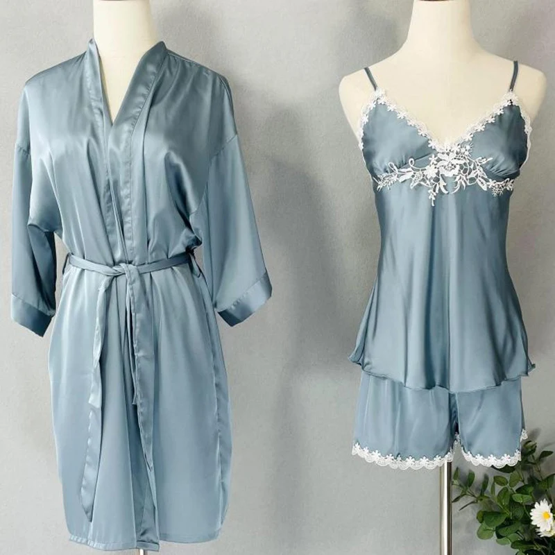 

3PCS PJS Sets Women Outfits Sexy Nightwear Pajamas Suit With Shorts Satin Sleepwear Pyjamas Comfy Intimate Lingerie With Pads