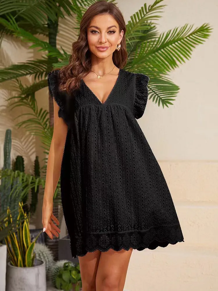 

Summer Lace Dress Women Clothes 2022 V-Neck Sexy Casual Beach Black Pink Vestidos Hollow Out Robe Party Dresses Ladies