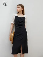 fsle office lady black white stitching dress 2021 new summer women retro zipper square neck high waist black dress