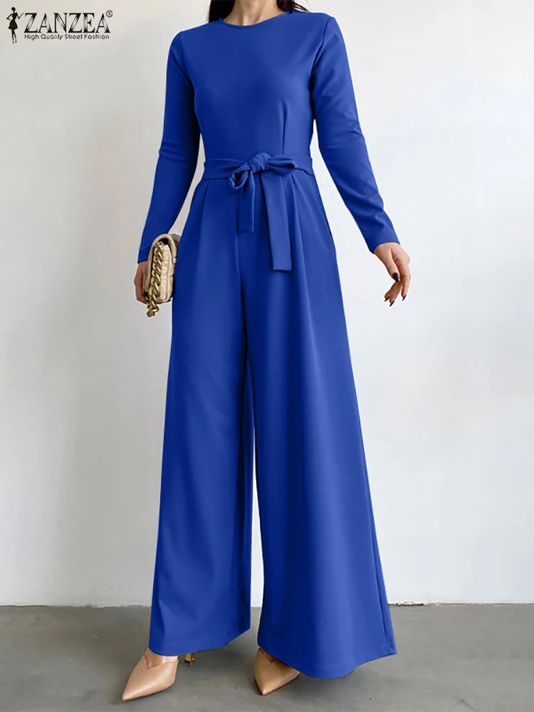

ZANZEA Elegant Party Long Rompers Fashion O-neck Jumpsuits Women Belted Overalls Casual Long Sleeve Classy Ladies Wide Leg Pants
