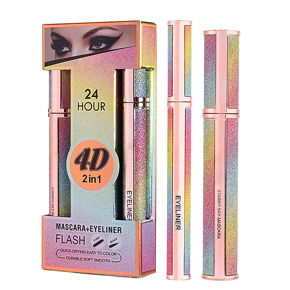 

4D Silk Fibre Mascara and Eyeliner Set Smudge Proof Curling Mascara Liquid Eye Liner Pencil Eye Make Up Tool