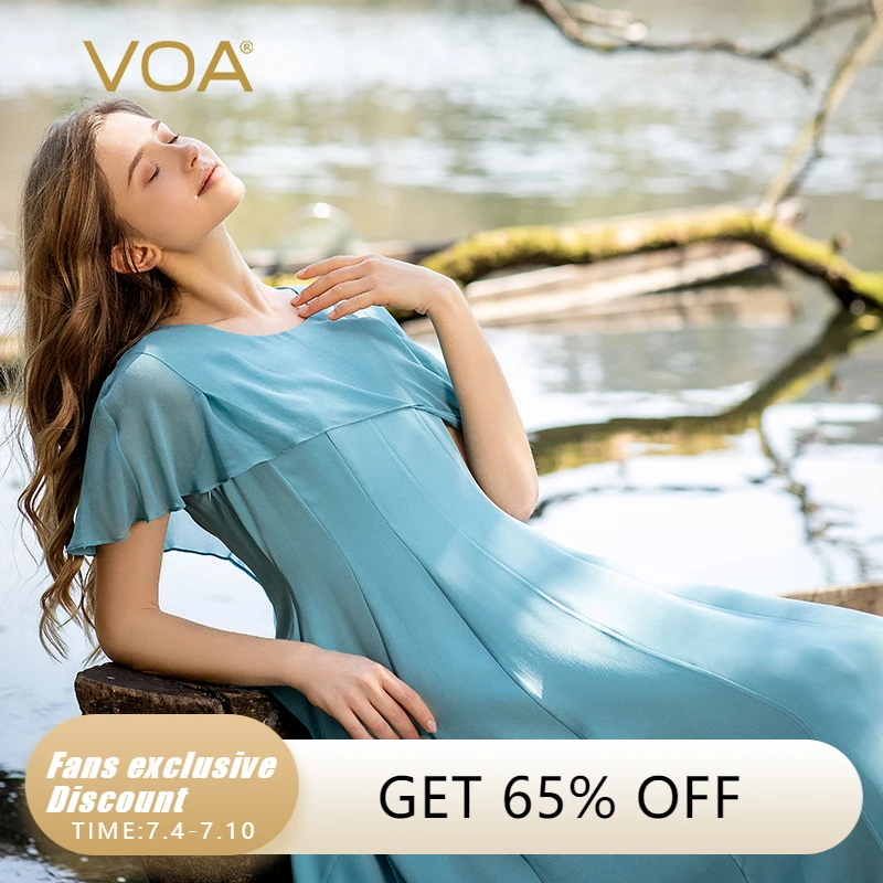 

VOA Elegant Ruffles Flying Short Sleeve Asymmetrical Silk Woman Party Dress Solid O-Neck Streetwear A-Line Dresses Women AE1173
